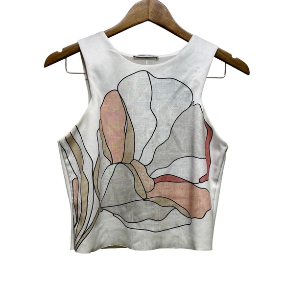 Zara Floral Print Soft Lined Sleeveless Cropped Length Crop Top Shirt White Pink - Picture 10 of 10